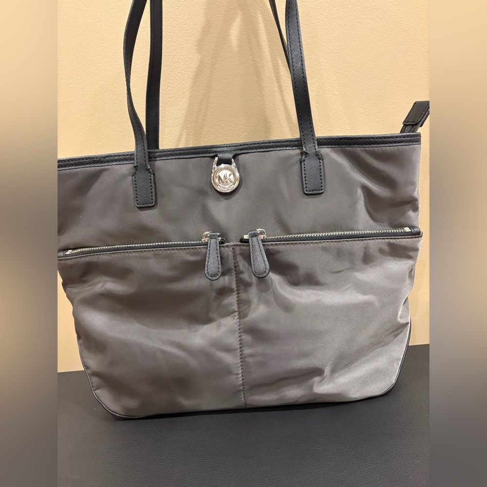 Michael Michael Kors Gray Nylon Tote with Black Leather Trim